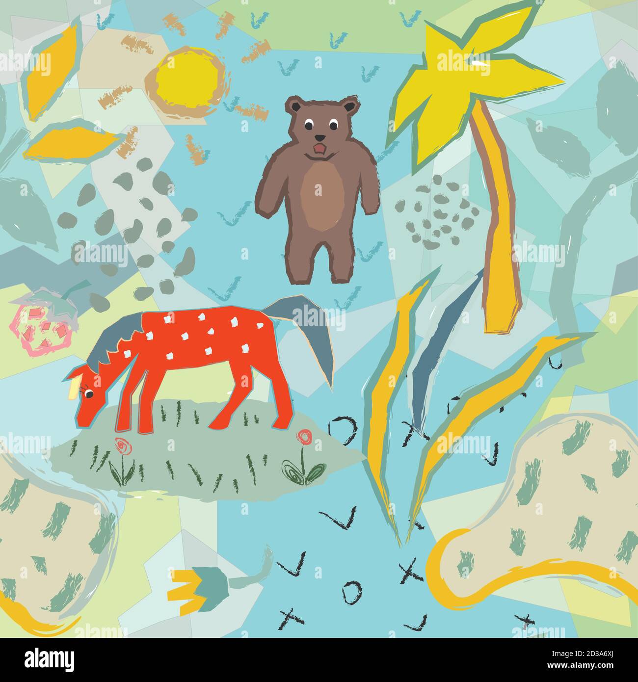 Funny Seamless Pattern with horse and bear. Creative Design. Vector Illustration. Stock Vector