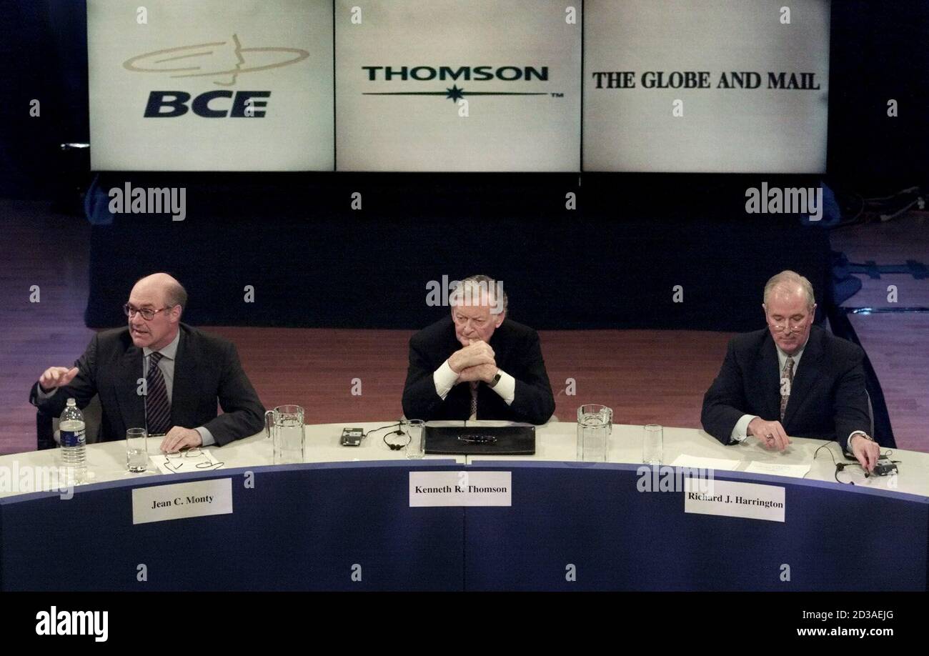 Bell Canada Enterprises Chairman and CEO Jean Monty (L), majority owner of  the Thomson Corporation Kenneth Thomson (C) and President and CEO of the  Thomson Corporation Richard Harrington are shown at news