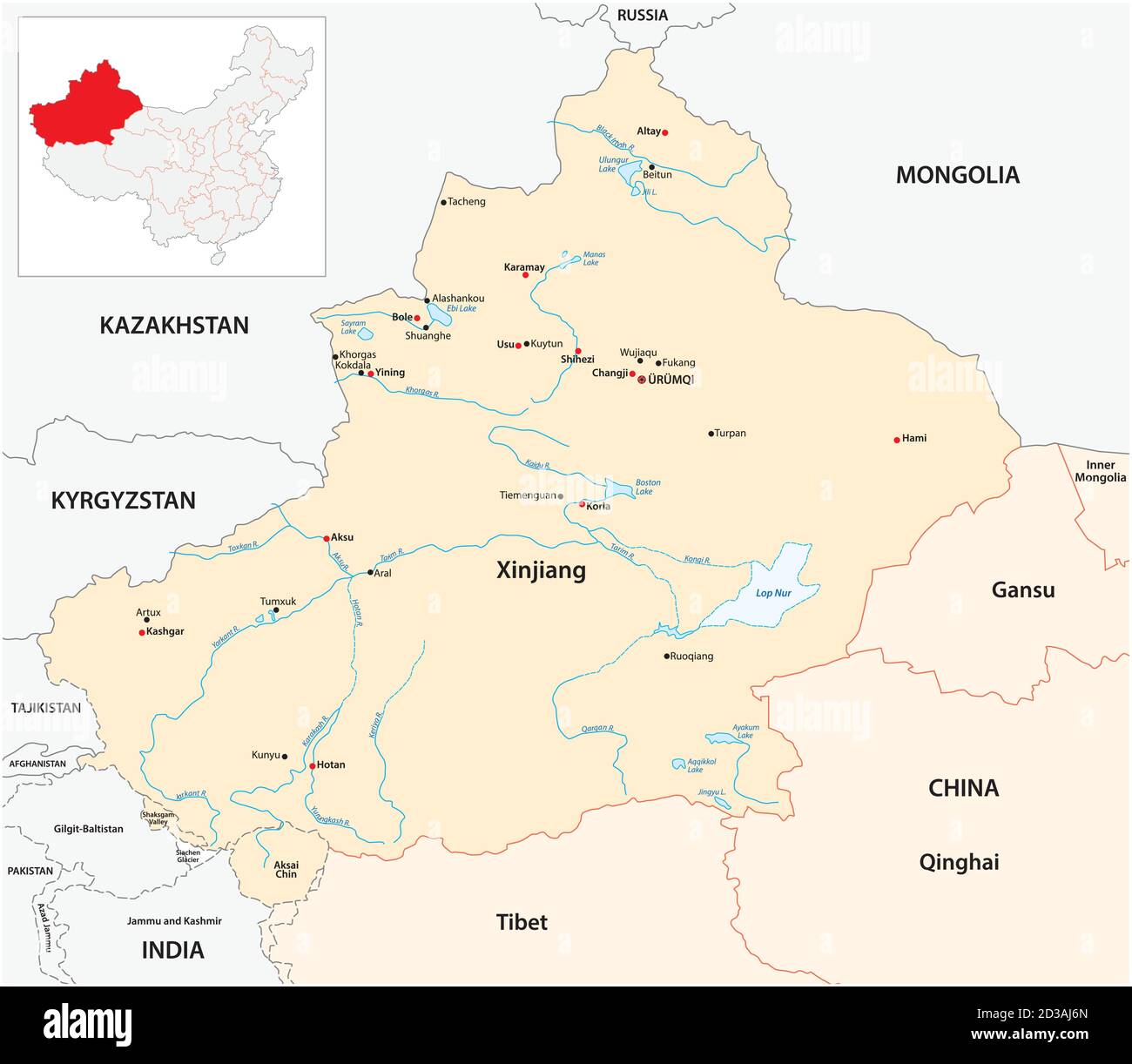 Vector map of Xinjiang Uygur Autonomous Region, China Stock Vector
