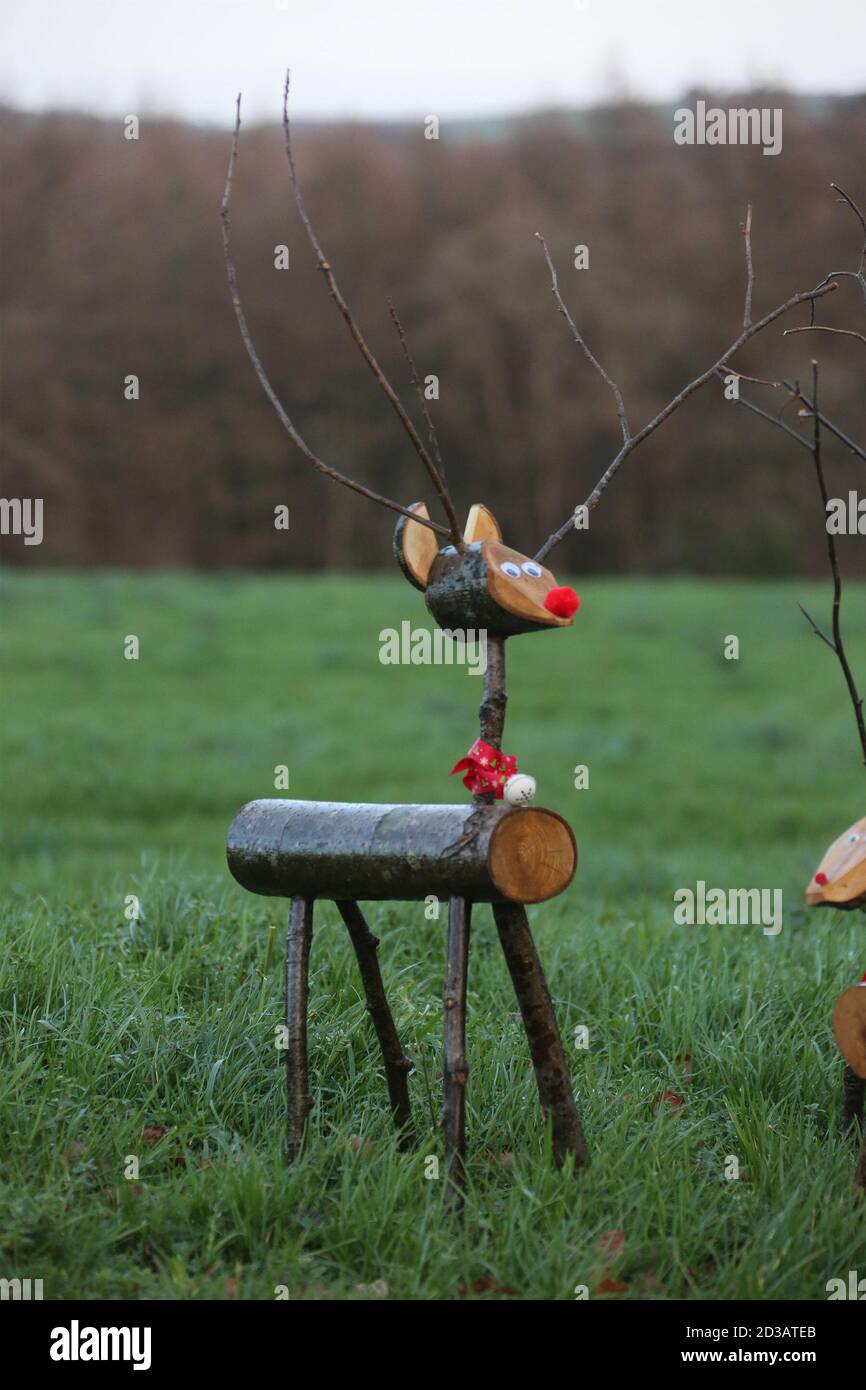 Wooden reindeer made from logs and twigs Stock Photo