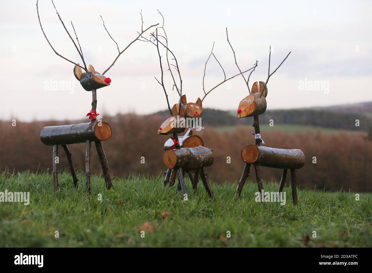 Wooden reindeer made from logs and twigs Stock Photo