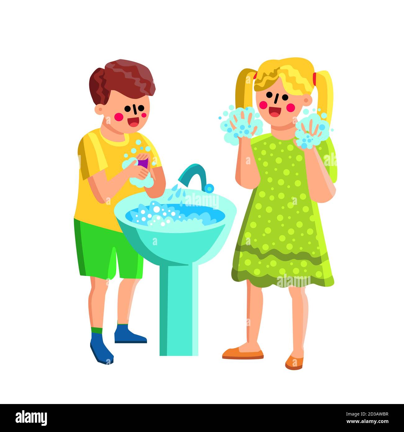 Boy And Girl Washing Soapy Hands In Sink Vector Stock Vector