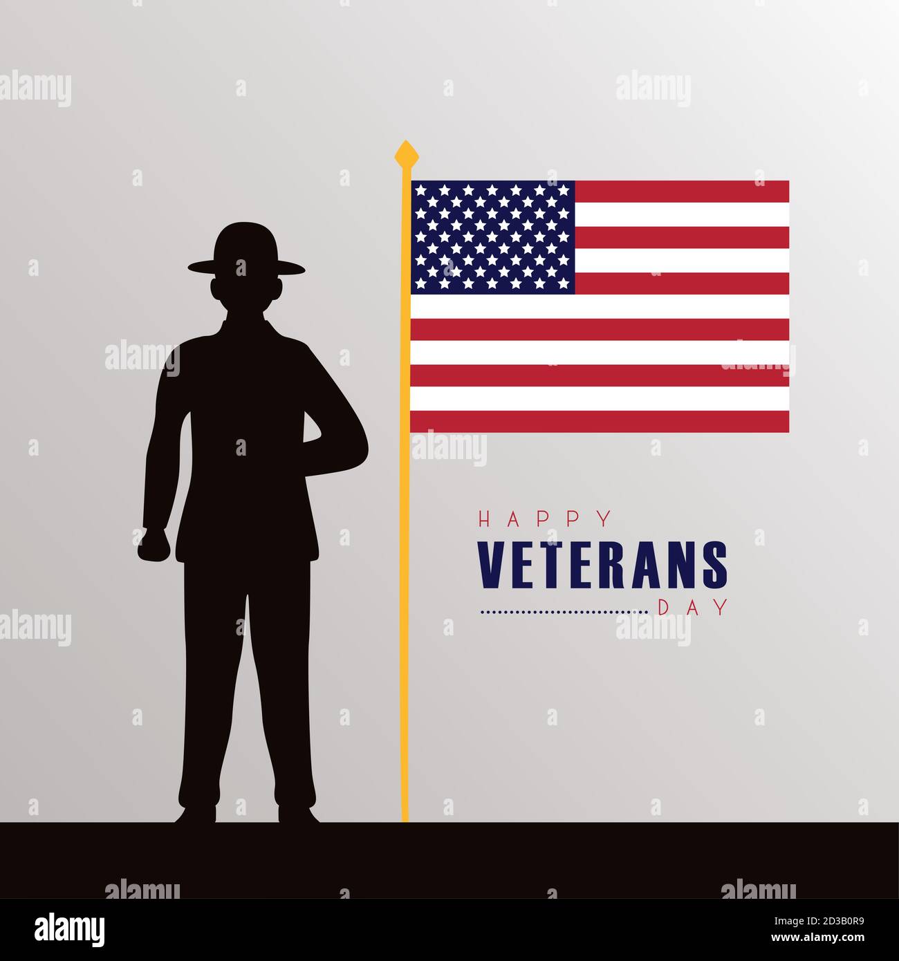 happy veterans day lettering with soldier black silhouette and flag in ...
