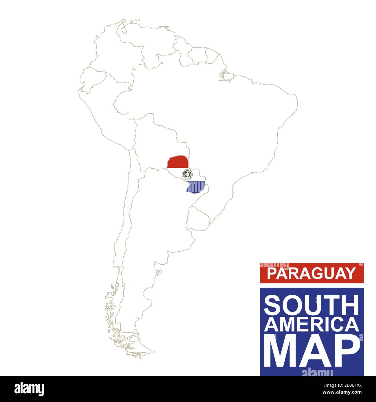 South America contoured map with highlighted Paraguay. Paraguay map and flag on South America