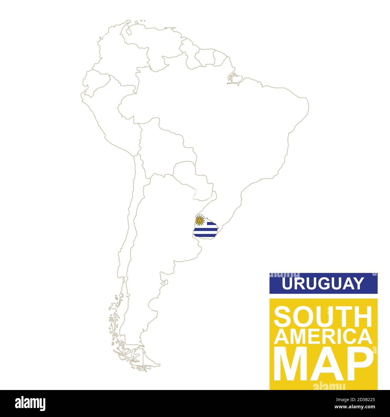 South America contoured map with highlighted Uruguay. Uruguay map and flag on South America map. Vector Illustration. Stock Vector