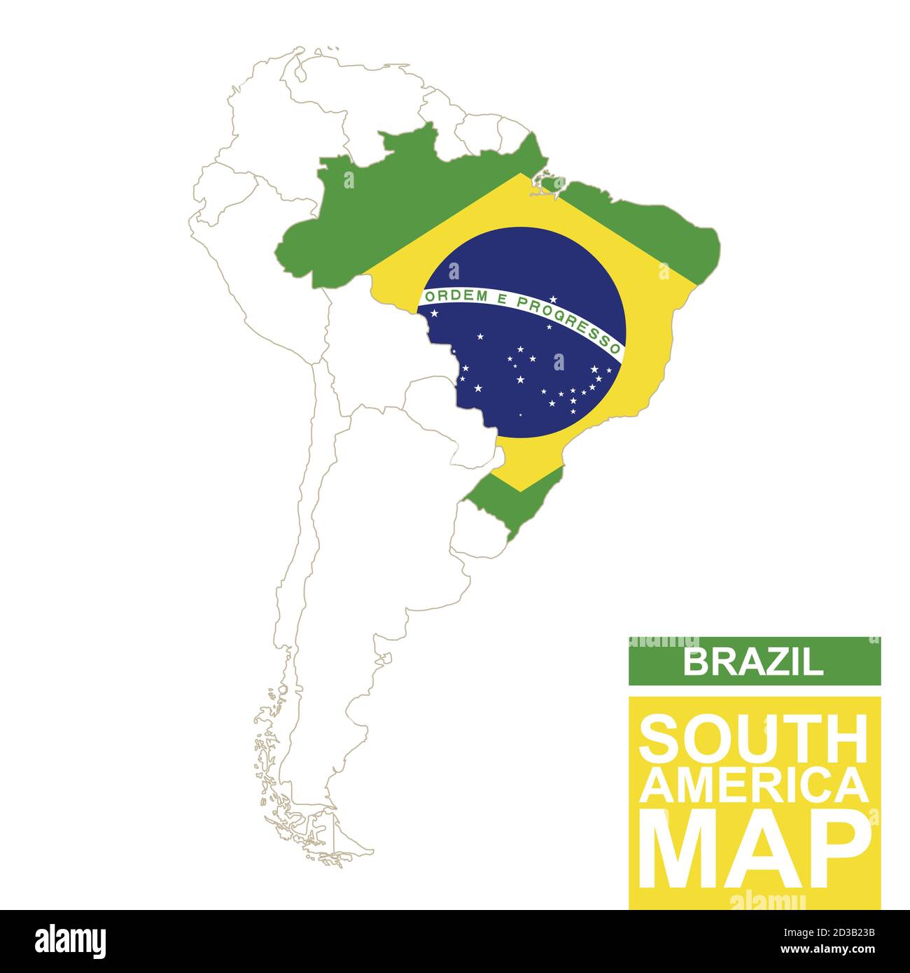 South America contoured map with highlighted Brazil. Brazil map and flag on South America map. Vector Illustration. Stock Vector