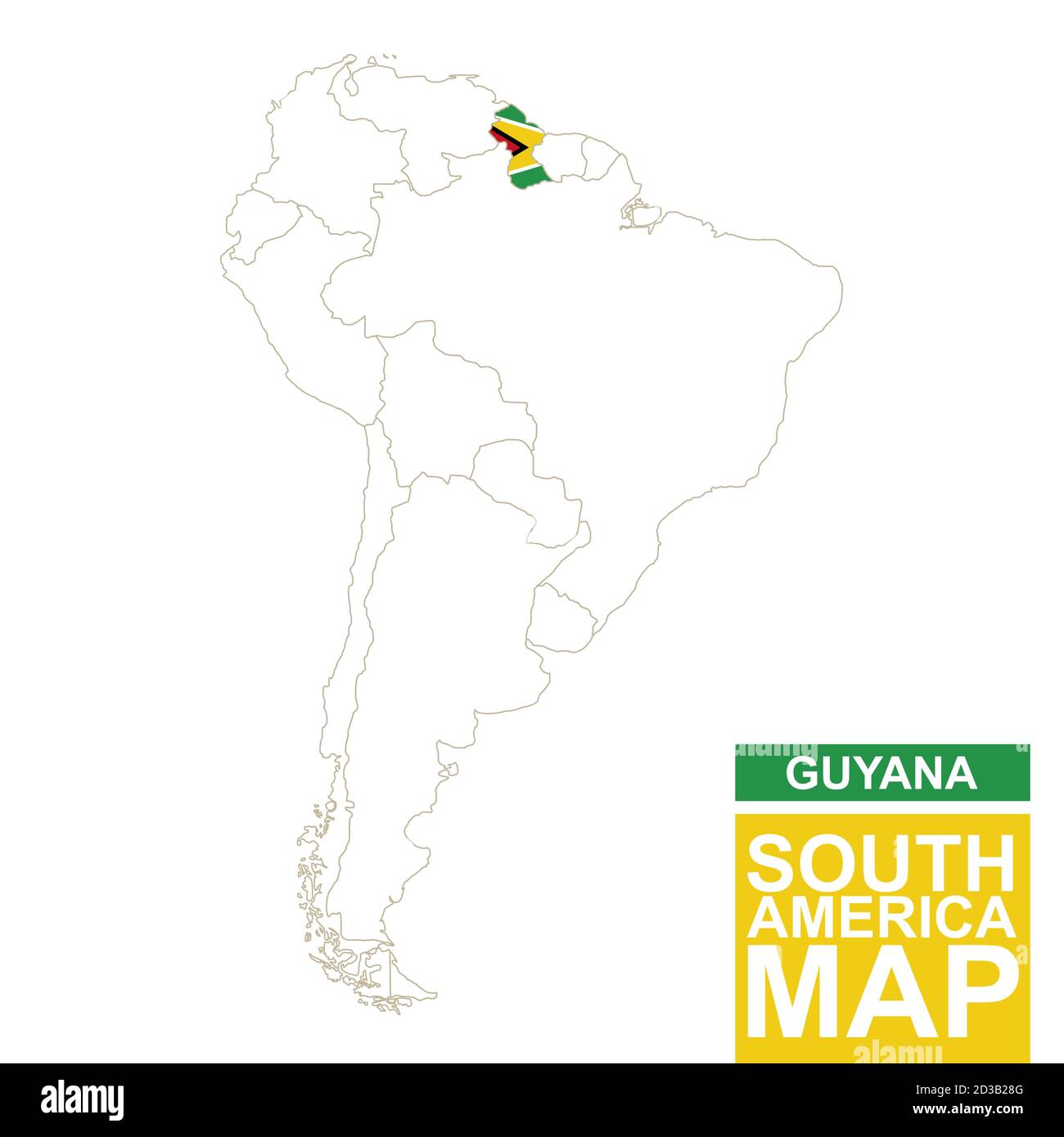 South America contoured map with highlighted Guyana. Guyana map and flag on South America map. Vector Illustration. Stock Vector