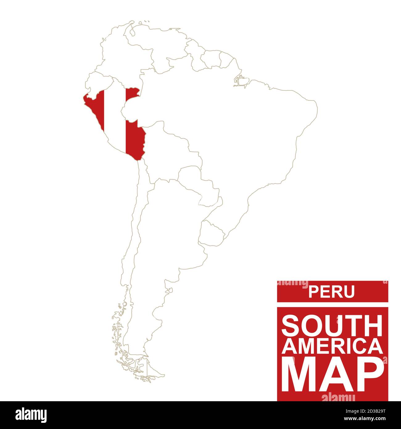 South America contoured map with highlighted Peru. Peru map and flag on South America map. Vector Illustration. Stock Vector