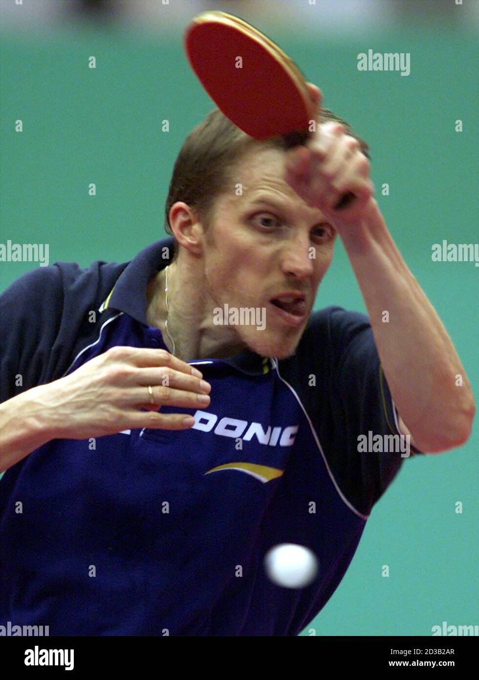 Joerg Rosskopf of Germany smashes against China's Ma Lin during the fourth  round of the men's singles of the World Table Tennis Championships in  Osaka, Japan May 4, 2001. Rosskopf was defeated