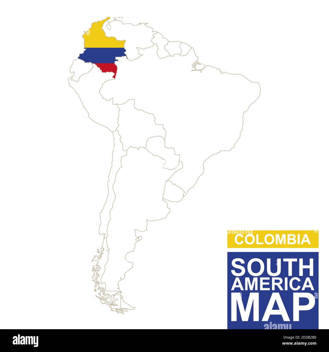 South America contoured map with highlighted Colombia. Colombia map and flag on South America map. Vector Illustration. Stock Vector