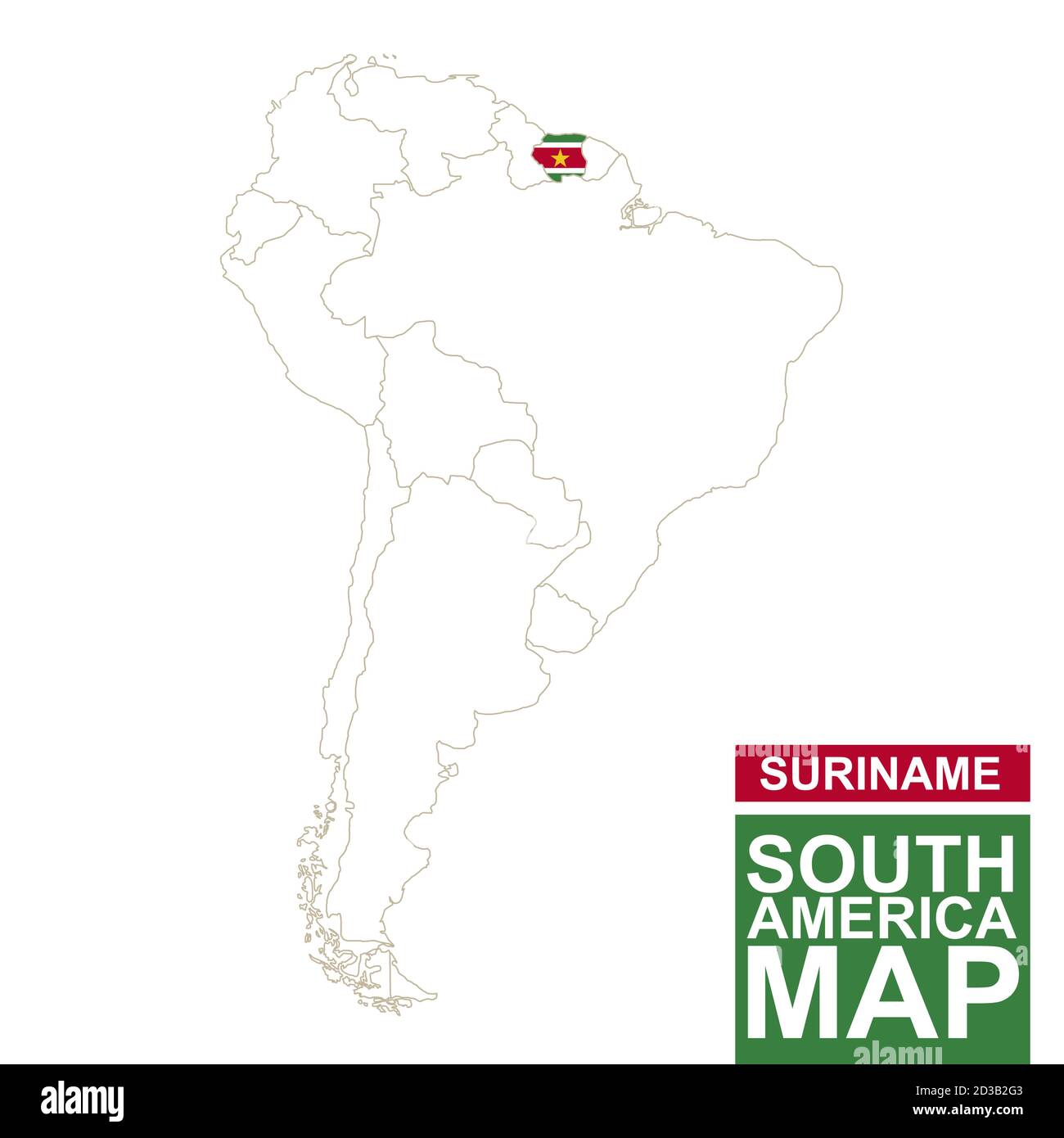 South America contoured map with highlighted Suriname. Suriname map and flag on South America map. Vector Illustration. Stock Vector