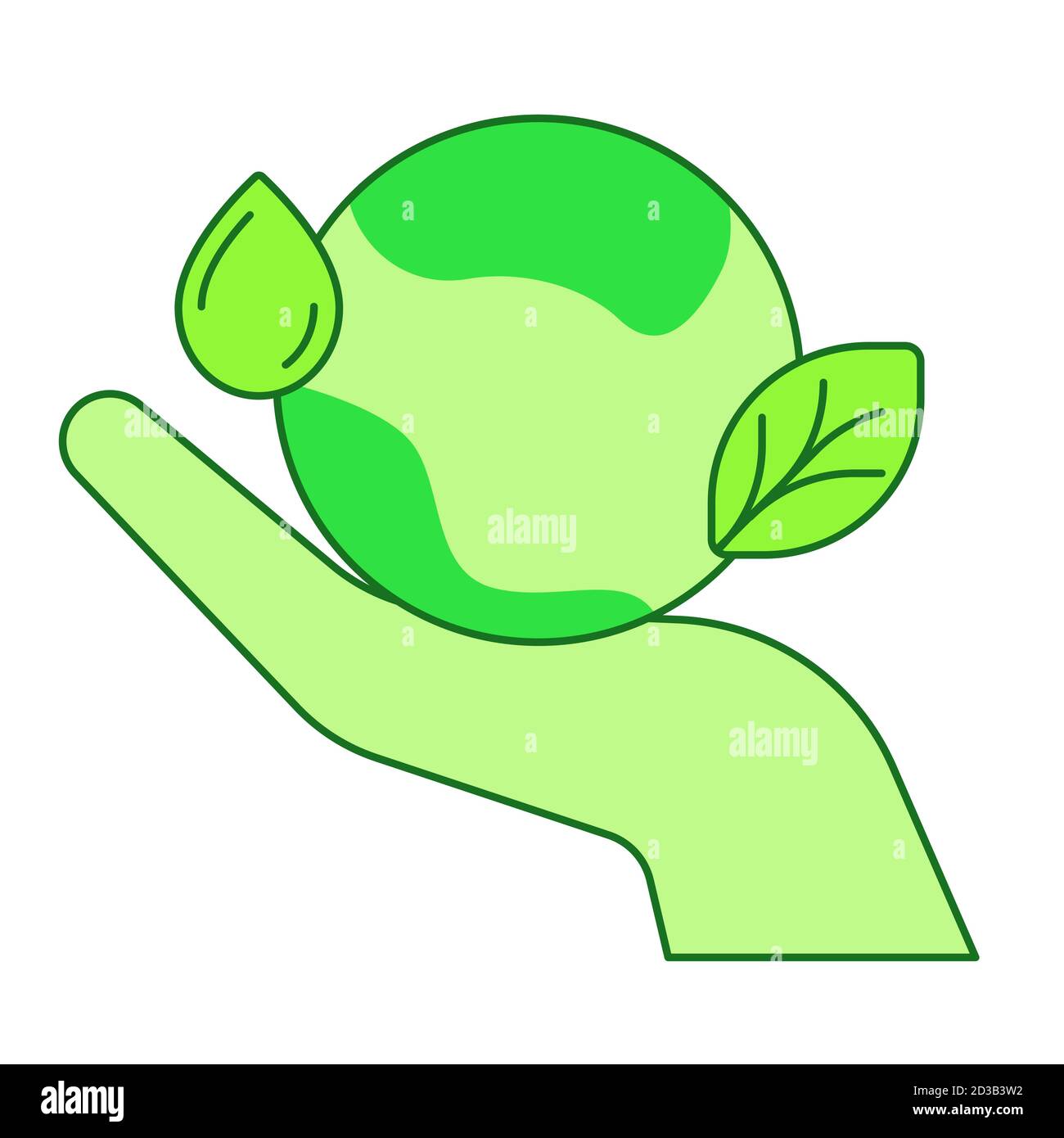 Save the earth concept hand hold earth leaf drop water white isolated background with green theme flat outline style Stock Vector