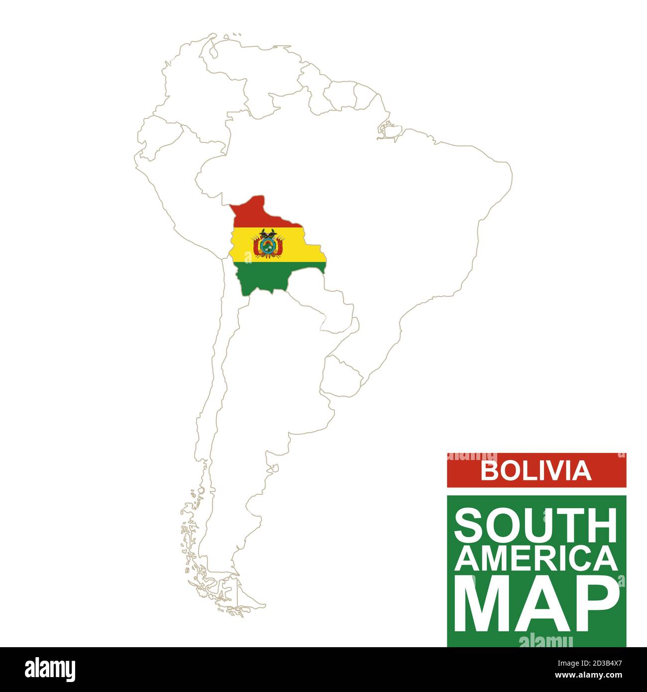 South America contoured map with highlighted Bolivia. Bolivia map and flag on South America map. Vector Illustration. Stock Vector
