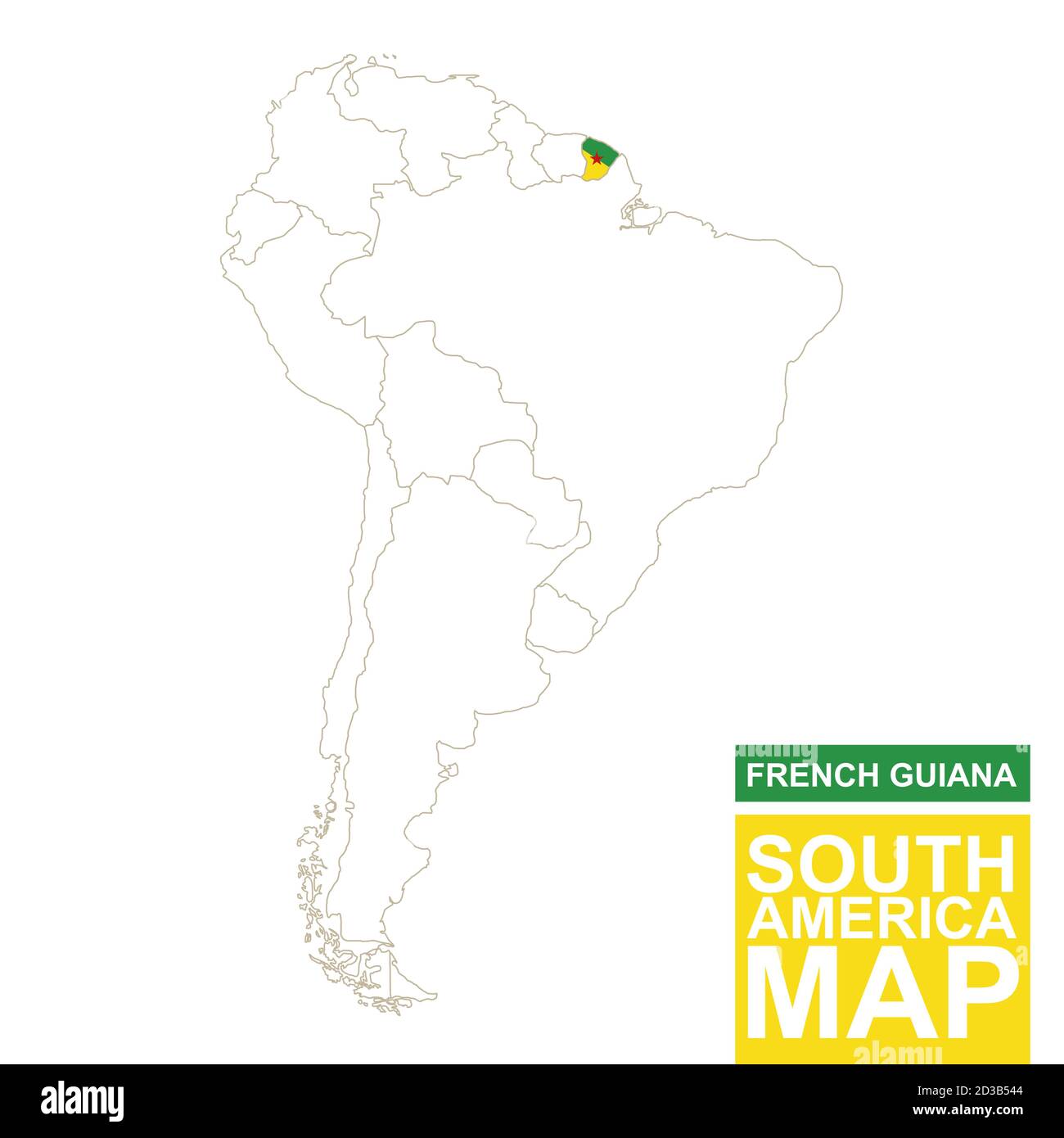 South America contoured map with highlighted French Guiana. French Guiana map and flag on South America map. Vector Illustration. Stock Vector