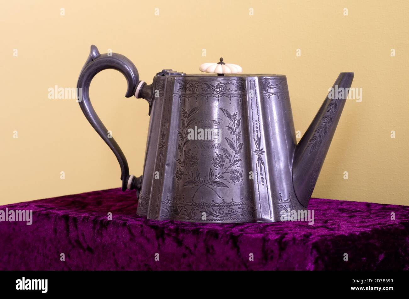 Antique Victorian Inscribed Metal Electro Plated Teapot, UK Stock Photo