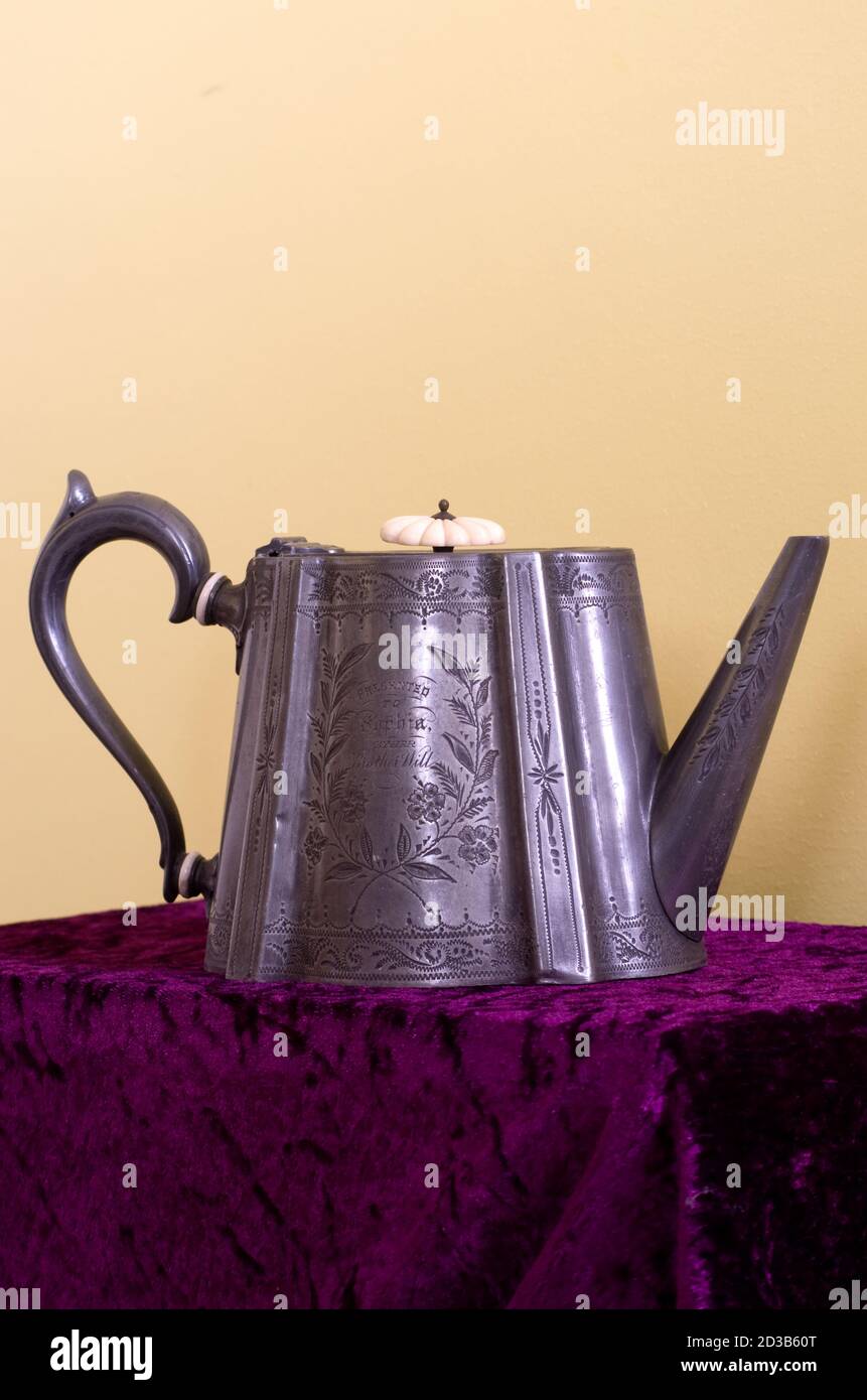 Antique Victorian Inscribed Metal Electro Plated Teapot, UK Stock Photo