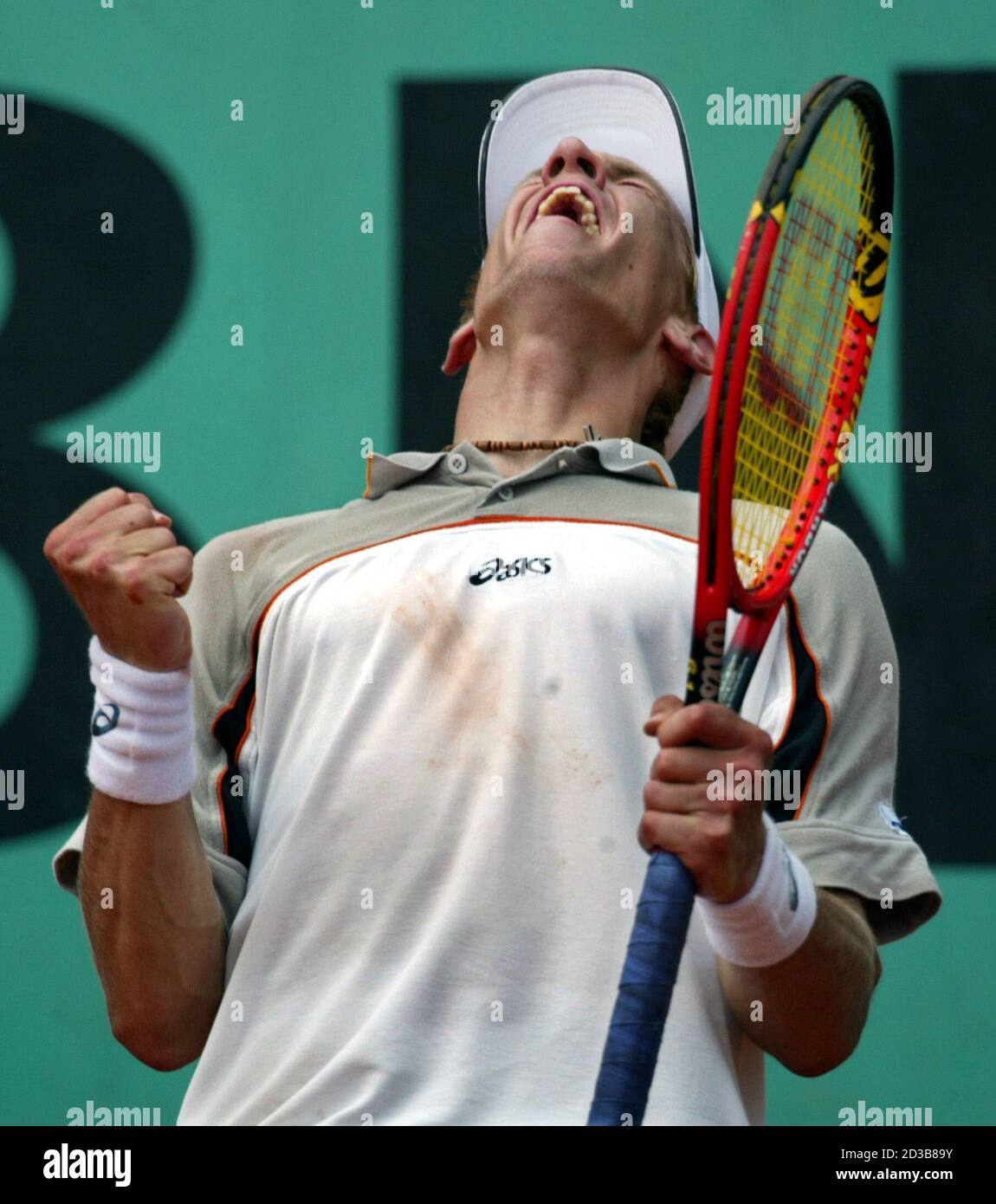 Jarko Nieminen of Finland reacts after defeating Julien Varlet of France at  the French tennis Open