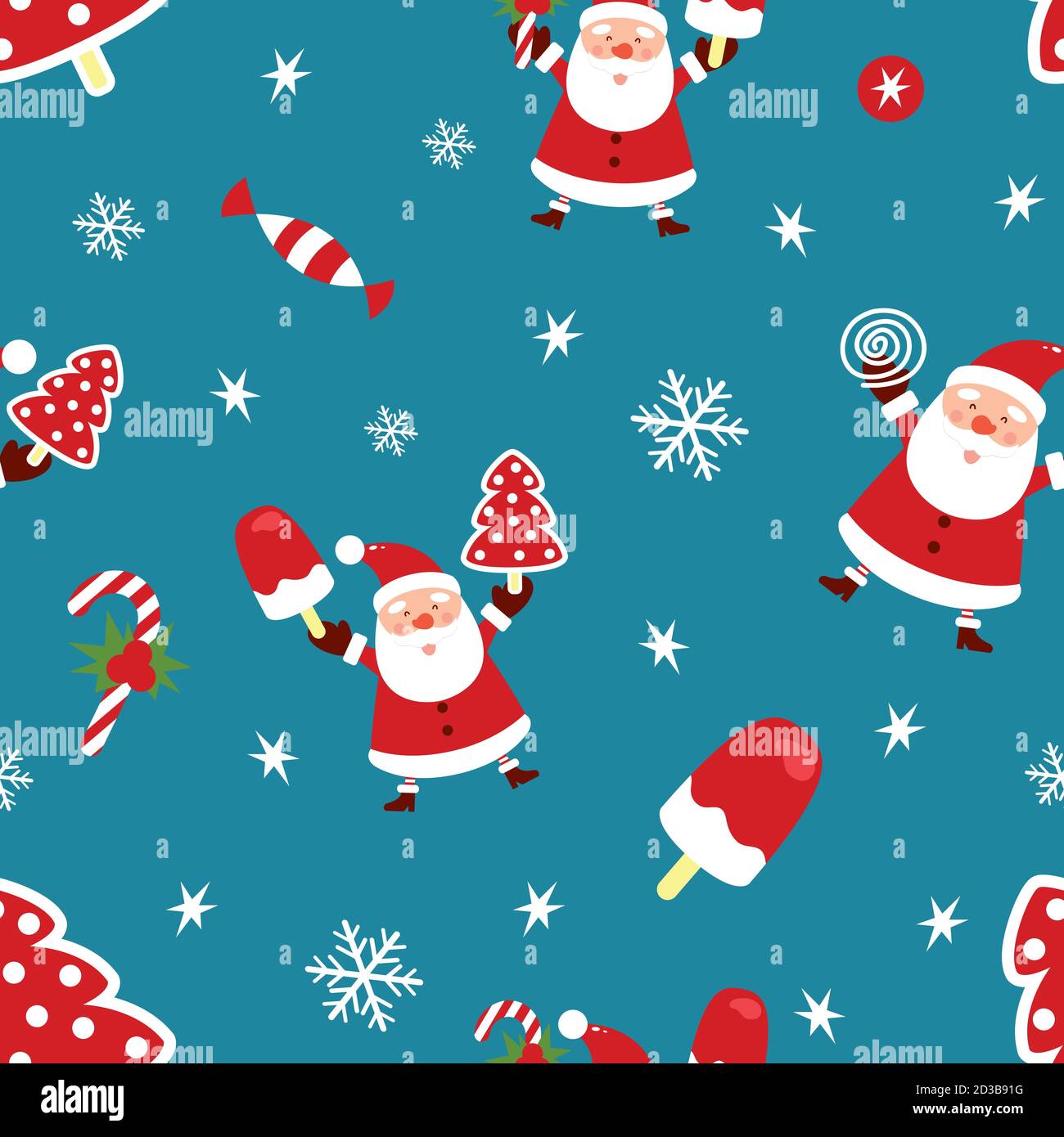 Seamless Christmas pattern. New Year pattern with Santa Claus, Christmas tree, ice cream, candy and candy. Vector illustration Stock Vector