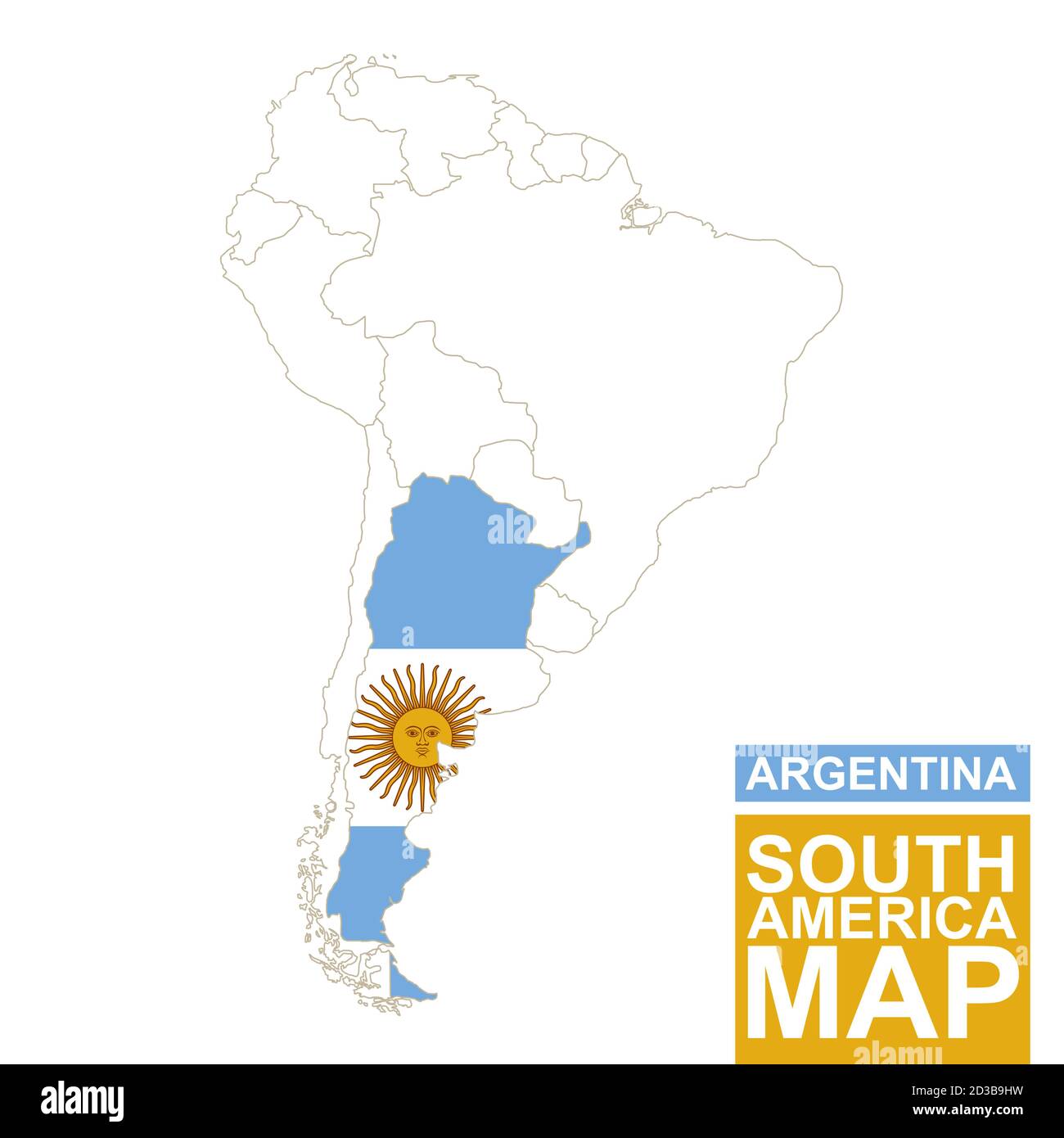 South America contoured map with highlighted Argentina. Argentina map and flag on South America map. Vector Illustration. Stock Vector