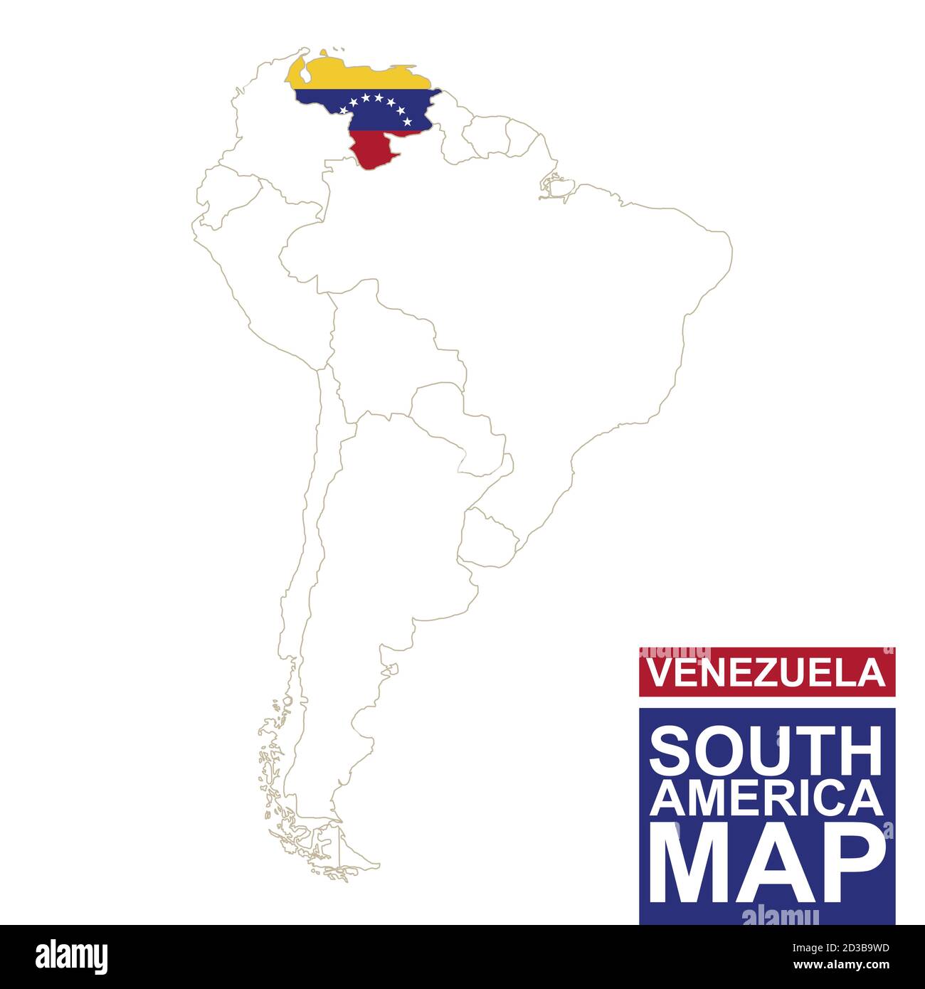South America contoured map with highlighted Venezuela. Venezuela map and flag on South America map. Vector Illustration. Stock Vector