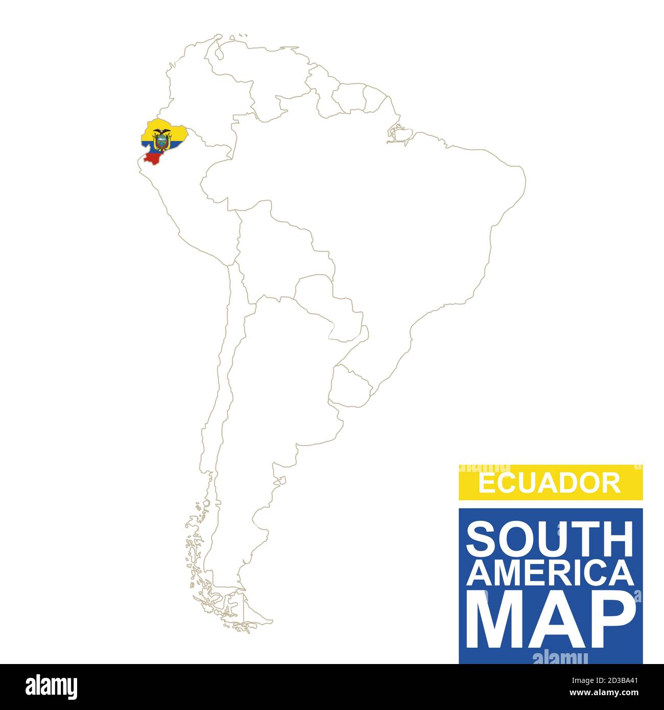 South America contoured map with highlighted Ecuador. Ecuador map and flag on South America map. Vector Illustration. Stock Vector
