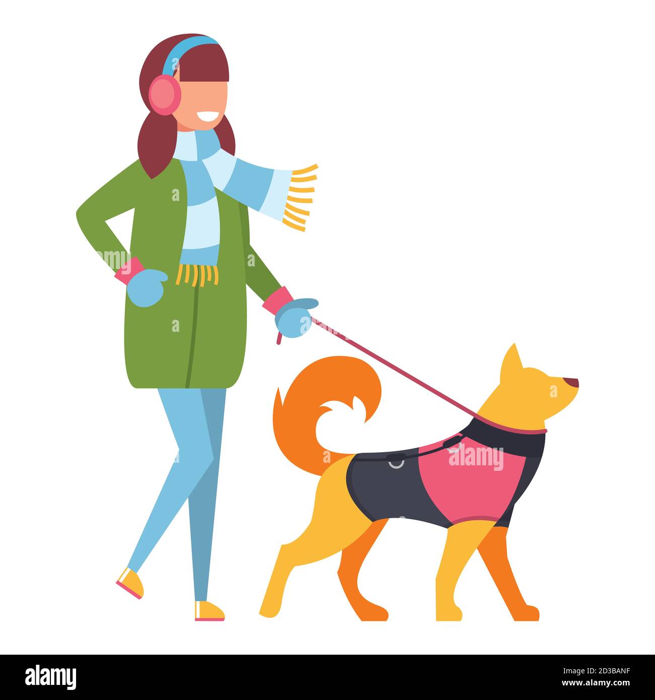 Girl walking a dog in winter clothes. Vector illustration on white ...