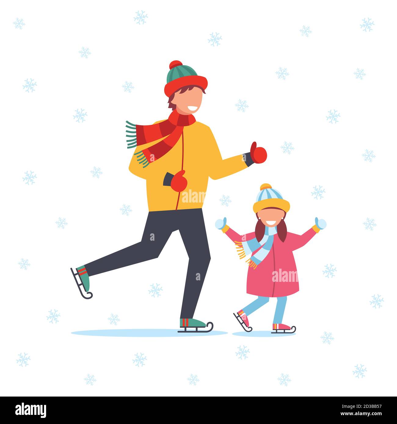 Illustration with children skating with snowy scenery. Vector illustration in simple style on white isolated background Stock Vector