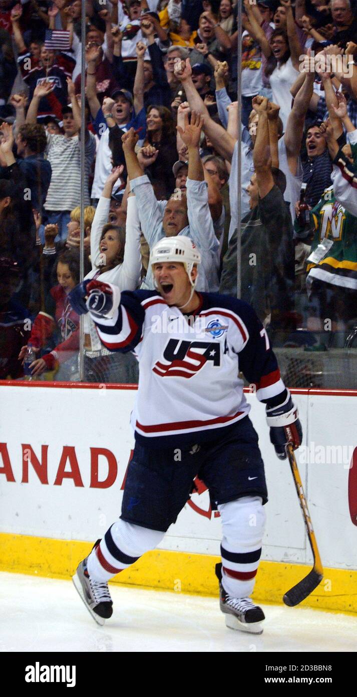 Team Usa Forward Keith Tkachuk Celebrates After Scoring His Third Goal Against Team Russia During The Third Period Of Their Quarterfinal Round World Cup Of Hockey Game In The Xcel Energy Center