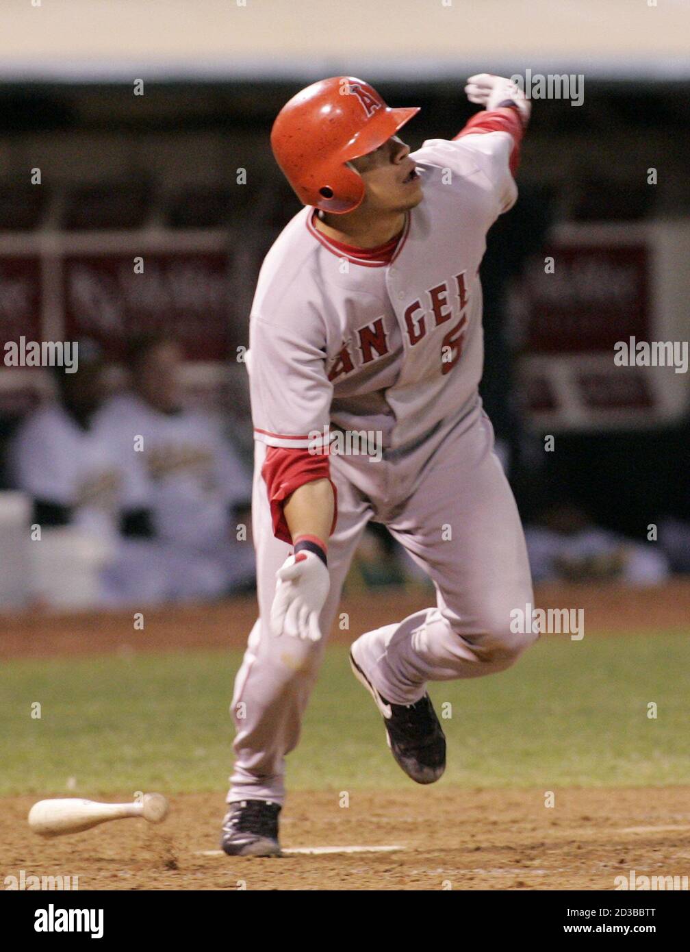 Anaheim Angels' Alfredo Amezaga watches his grand slam in the sixth inning  off of Oakland Athletics pitcher Joe Blanton in Oakland, California,  October 1, 2004. REUTERS/Kimberly White KW Stock Photo - Alamy
