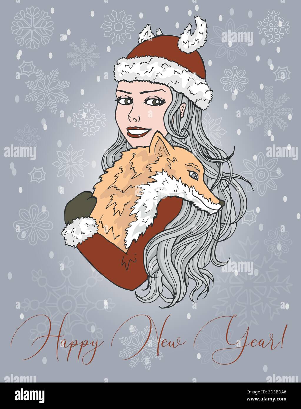 Christmas and New Year greeting card with happy girl holding pretty fox ...