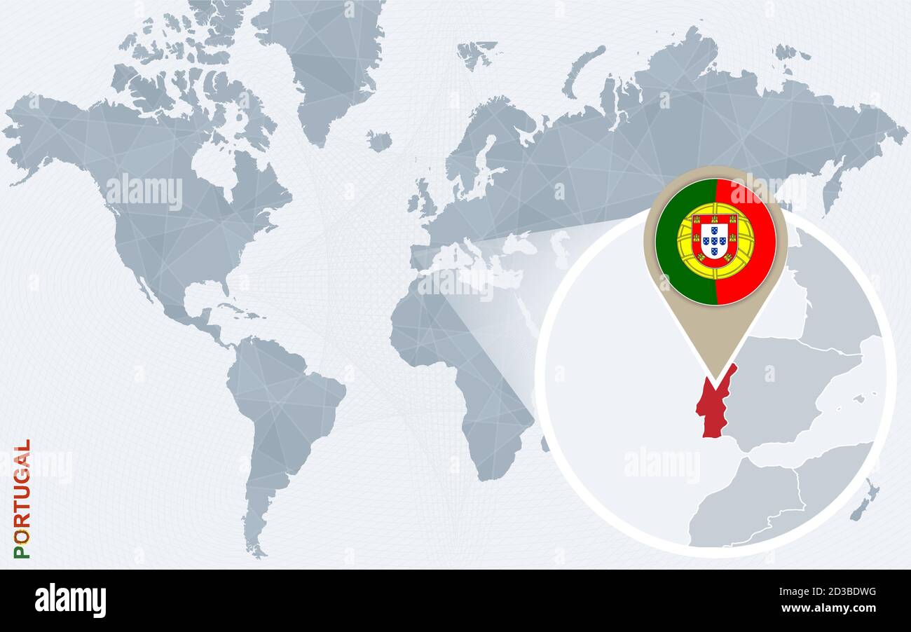 World map with magnified Portugal. Portugal flag and map Stock