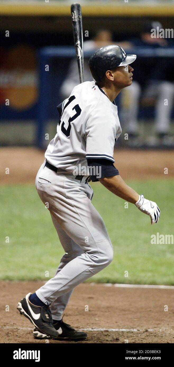 New York Yankees batter Alex Rodriguez watches his 400th career home run to the right field upper deck off Milwaukee Brewers pitcher Jorge De La Rosa in the eighth inning at Miller Park in Milwaukee, Wisconsin June 8, 2005. REUTERS/Allen Fredrickson   AF/VP Stock Photo