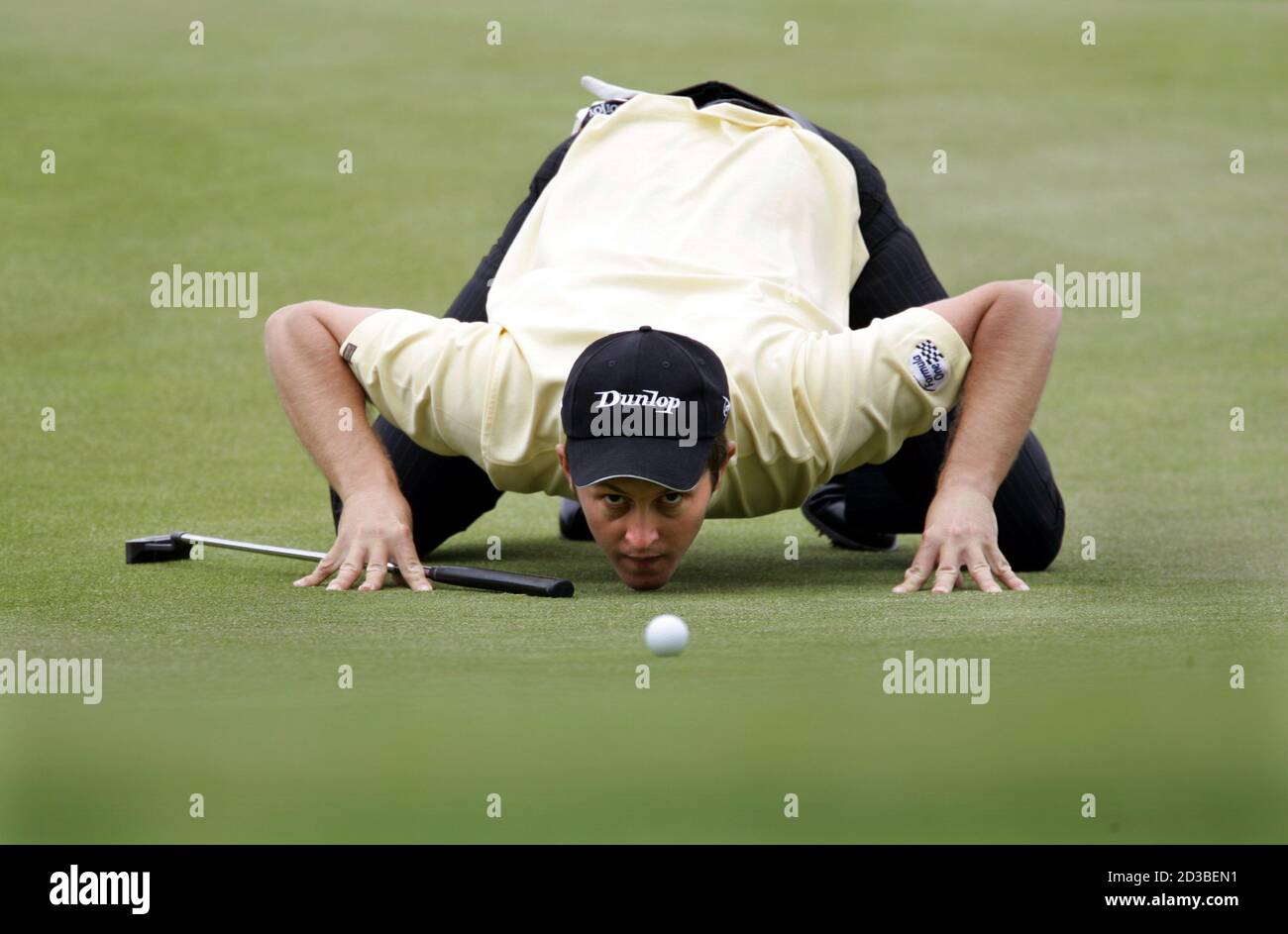 Stuart Manley of Wales prepares to putt on the Aa Saint-Omer Golf course  during the first day of the Saint-Omer Open. Stuart Manley of Wales  prepares to putt on the Aa Saint-Omer