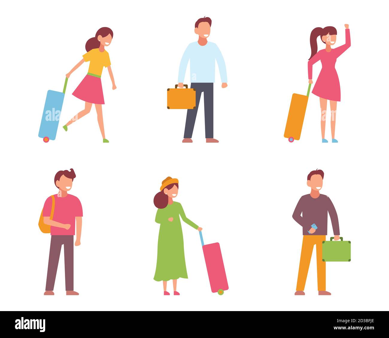 Traveling people, isometric icons with men and women in different poses and luggage, isolated vector illustration Stock Vector
