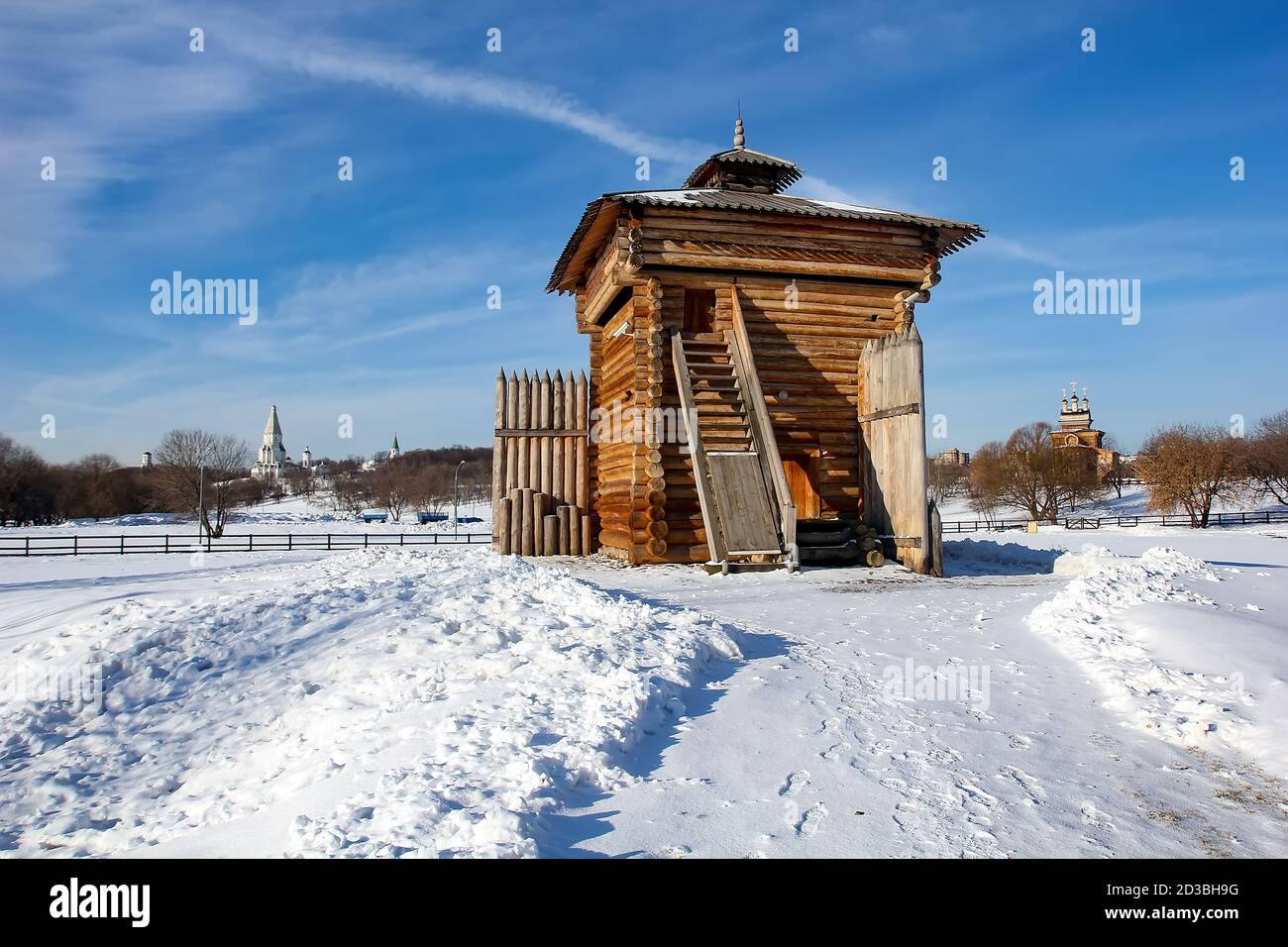 The Wooden Tower of the Bratsk fortress in Kolomenskoye Stock Photo