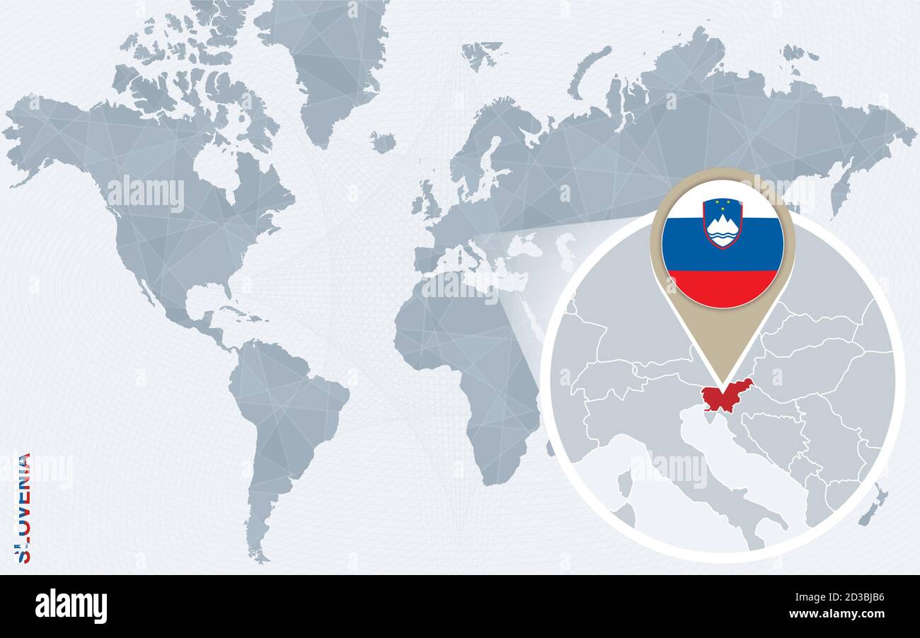 Abstract Blue World Map With Magnified Slovenia Slovenia Flag And Map Abstract Blue World Map With Magnified Slovenia Slovenia Flag And Map Vector Illustration 2D3BJB6