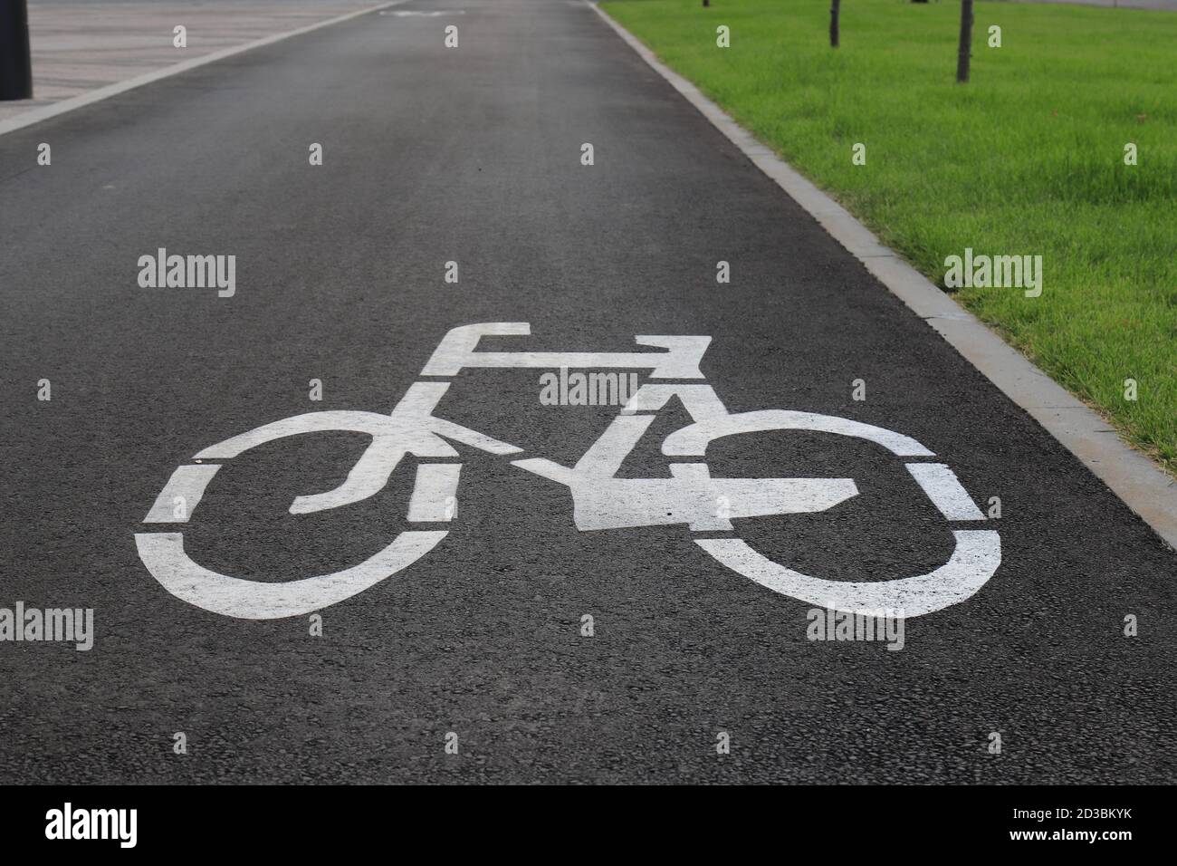 White drawn bike sign on the asphalt. Separate cycle path for cyclists, environmentally friendly urban transport for Sport . Dnepropetrovsk, Dnipro Stock Photo