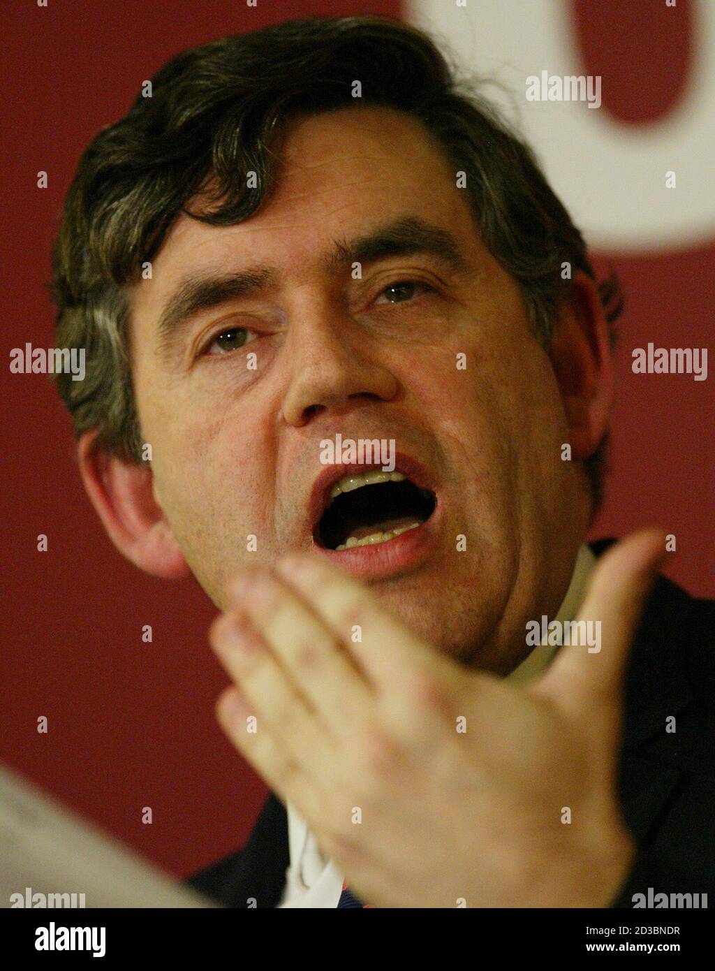 Britain's Chancellor of the Exchequer Gordon Brown addresses the Social Market Foundation in London February 3, 2003. Brown fought back in his address over accustaitons that he had lost control of public finances and the British economy stating that 'The true test of a policy is whether it can cope with diffucult as well as good times'. REUTERS/John Pryke  JDP/NMB Stock Photo