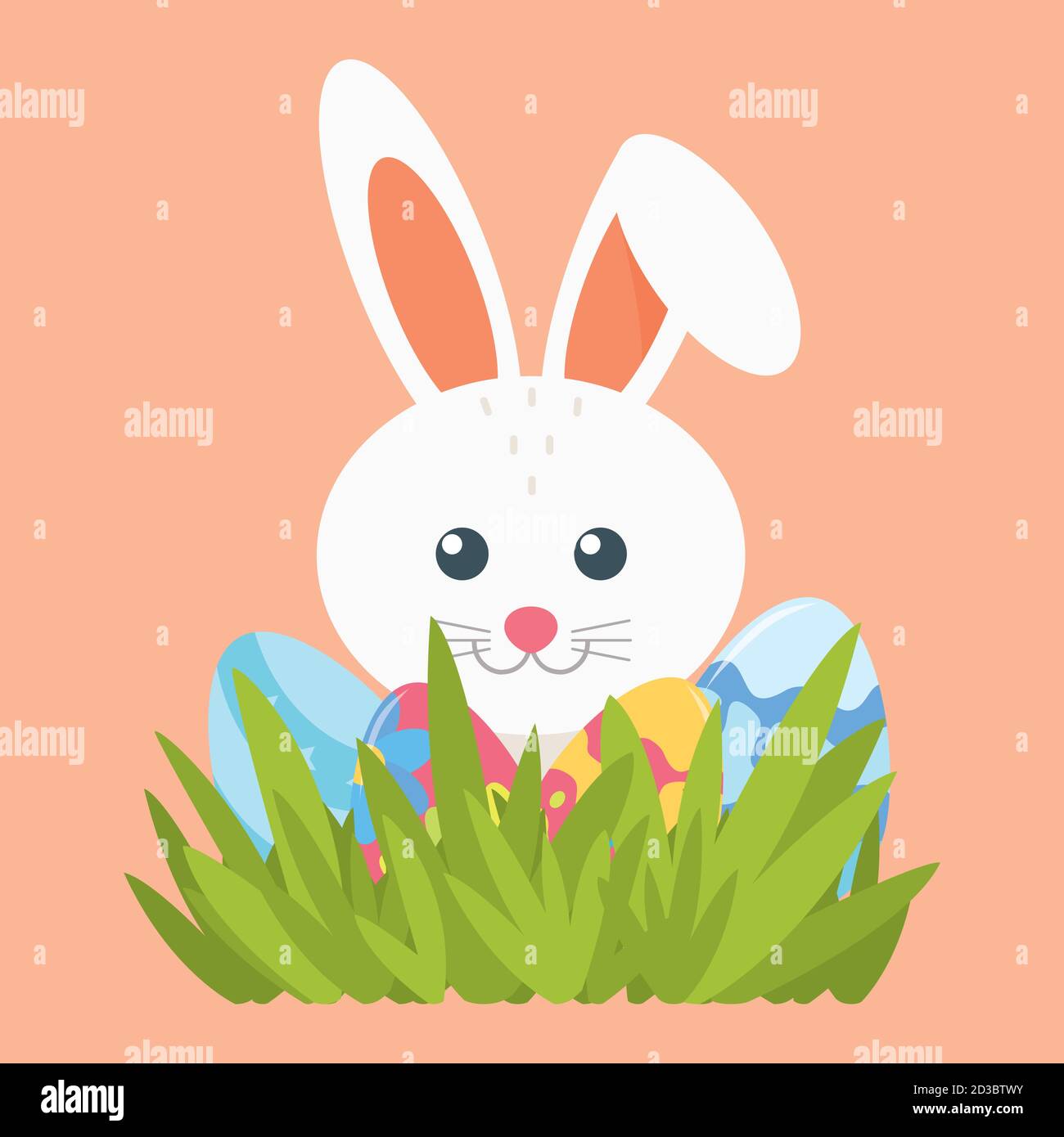 Rabbit and four Easter eggs in the grass. Element for design. Vector. Stock Vector