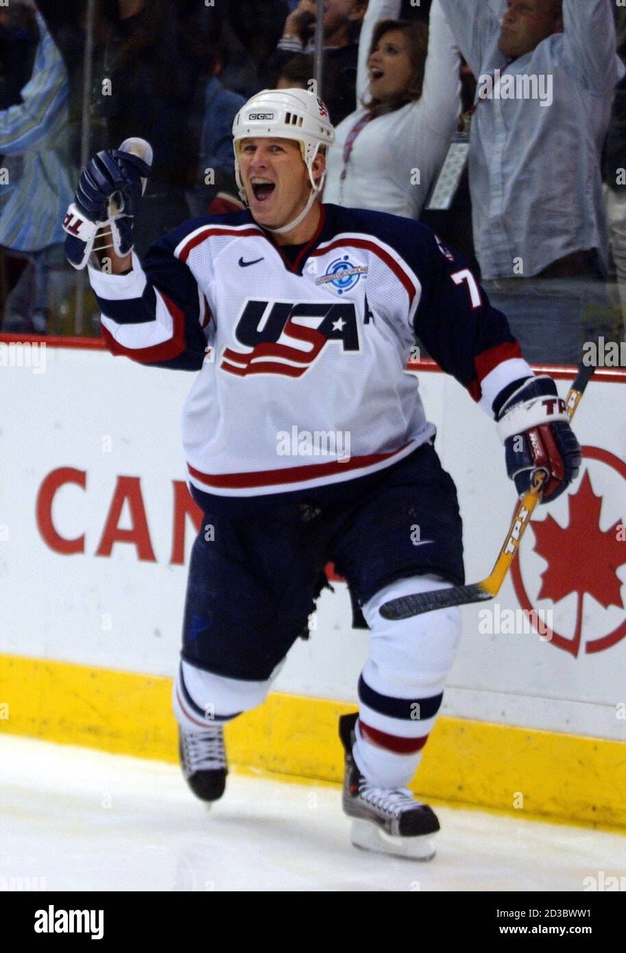 Team Usa Forward Keith Tkachuk Celebrates After Scoring His Third Goal Against Team Russia During The Third Period Of Their Quarterfinal Round World Cup Of Hockey Game In The Xcel Energy Center