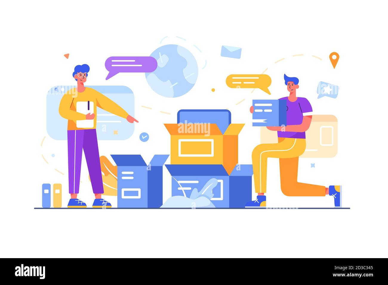 Couriers work on packing goods for shipment in flat style. Stock Vector