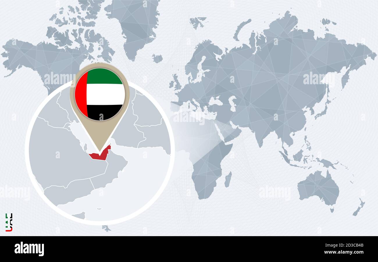 Abstract blue world map with magnified United Arab Emirates. UAE flag