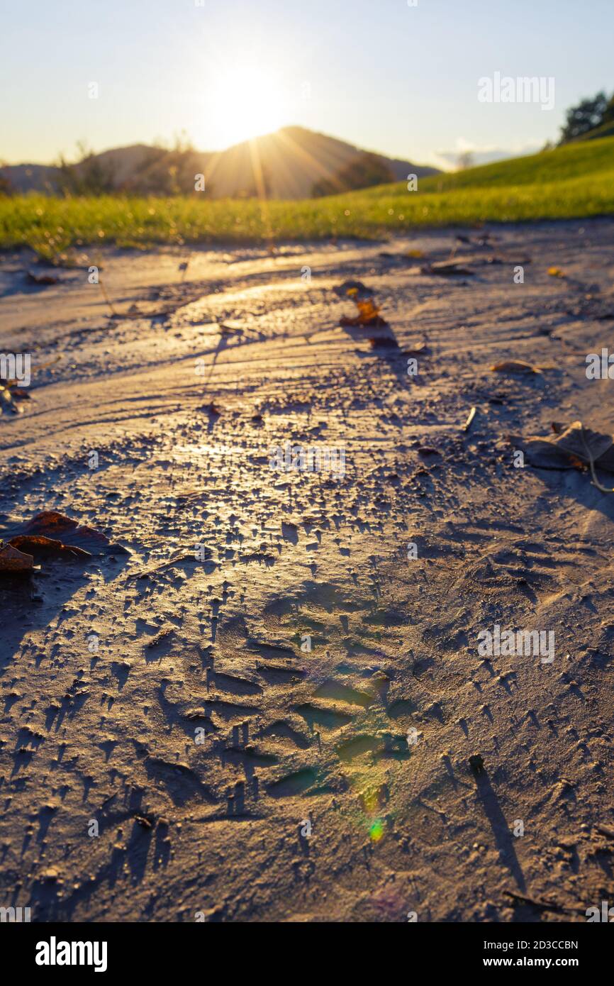 Close-up of hiking shoe footprint in mud on countryside trail with sunset in background in autumn. Hiking gear, outdoor activity and lifestyle concept Stock Photo