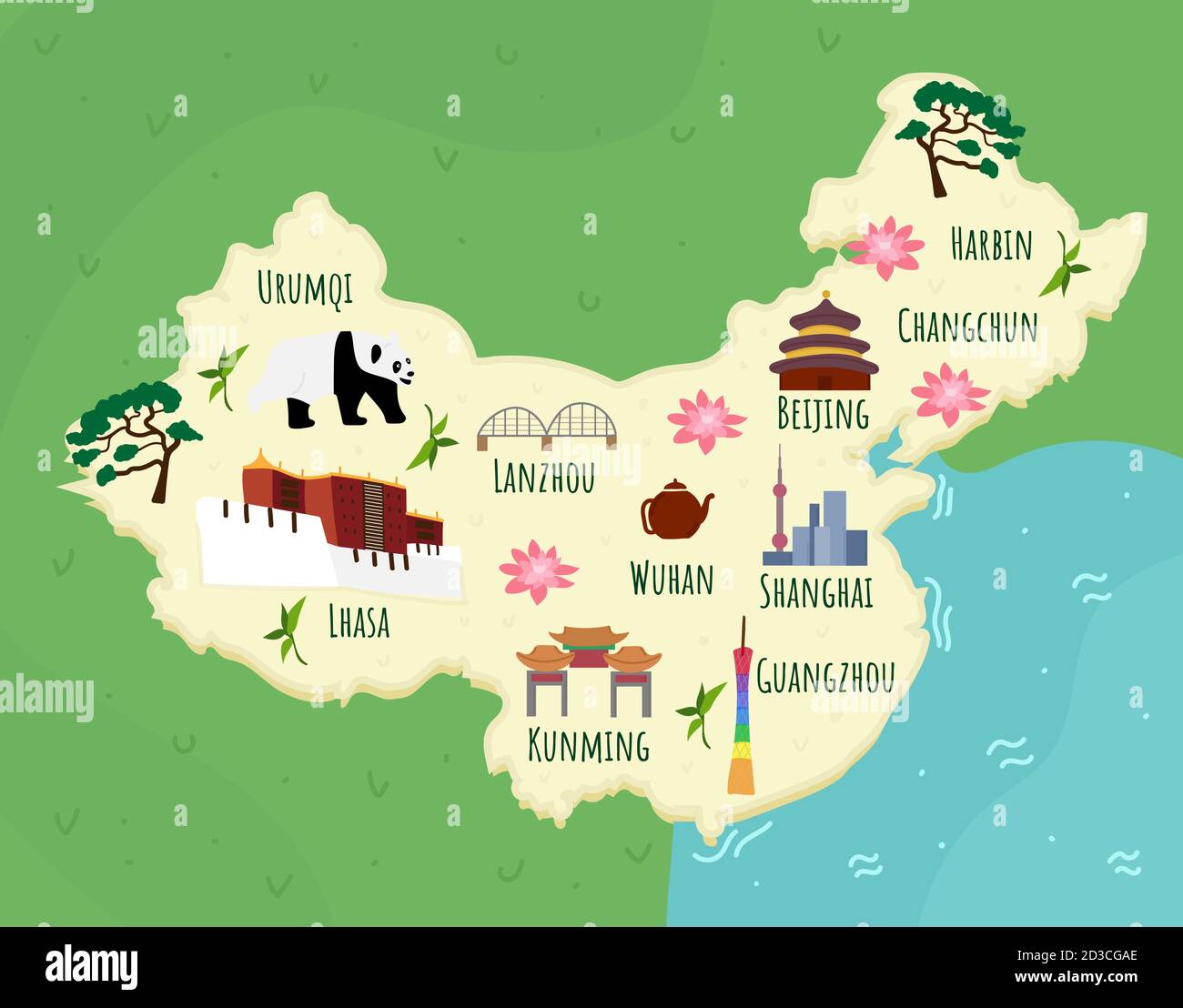 Cartoon map of China. Travel illustration with chineese landmarks, buildings, food and plants. Funny tourist infographics. National symbols. Famous Stock Vector