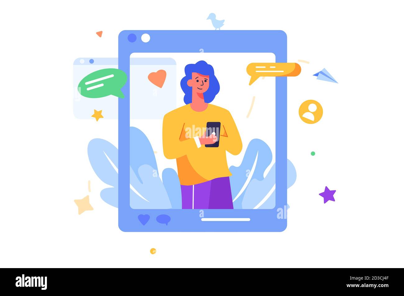 Girl doing social media marketing in flat style. Stock Vector
