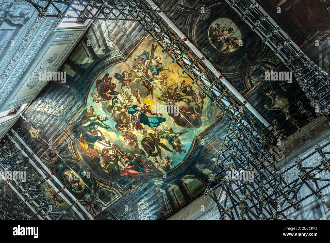 Campli, Teramo province, Italy, Abruzzo, Europe. Cathedral of Santa Maria in Platea, wooden ceiling painted in the 18th century surrounded by safety s Stock Photo