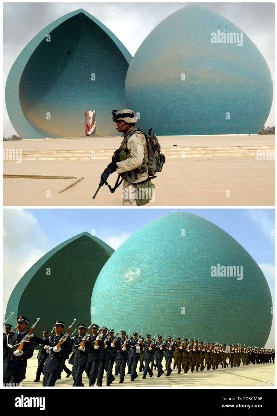 A combinations photo shows two views of soldiers in front of the martyrs' monument in Baghdad. The top photo shows a U.S. Marine from Lima Company, a part of a 7th Marine Regiment, walking in front of the Monument on April 9, 2003. The bottom picture, taken on February 16, 2003, shows Iraqi soldiers marching in front of the same monument. Iraqis joyously welcomed U.S. Marines driving through eastern Baghdad on Wednesday and looters moved in as the remnants of Saddam Hussein's rule collapsed. Hundreds of jubilant Iraqis cheered, danced, waved and threw flowers as Marines advanced through easter Stock Photo