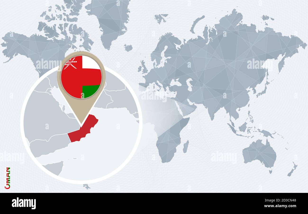 Abstract blue world map with magnified Oman. Oman flag and map. Vector Illustration. Stock Vector