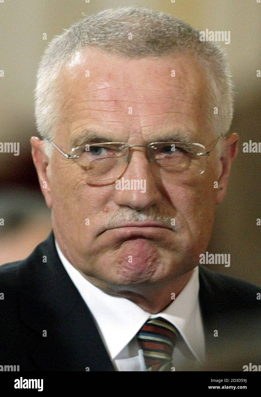 Former right-wing Czech Prime Minister Vaclav Klaus reacts at the end of the parlimentary session to elect Vaclav Havel's successor ended in a political stalemate at Prague Castle January 24, 2003. Klaus obtained 127 votes and was short by 14 votes to gain a parliamentary majority. His opponent, senator Jaroslava Moserova received 65 votes and the second attempt to elect Havel's successor. REUTERS/Petr Josek PJ Stock Photo
