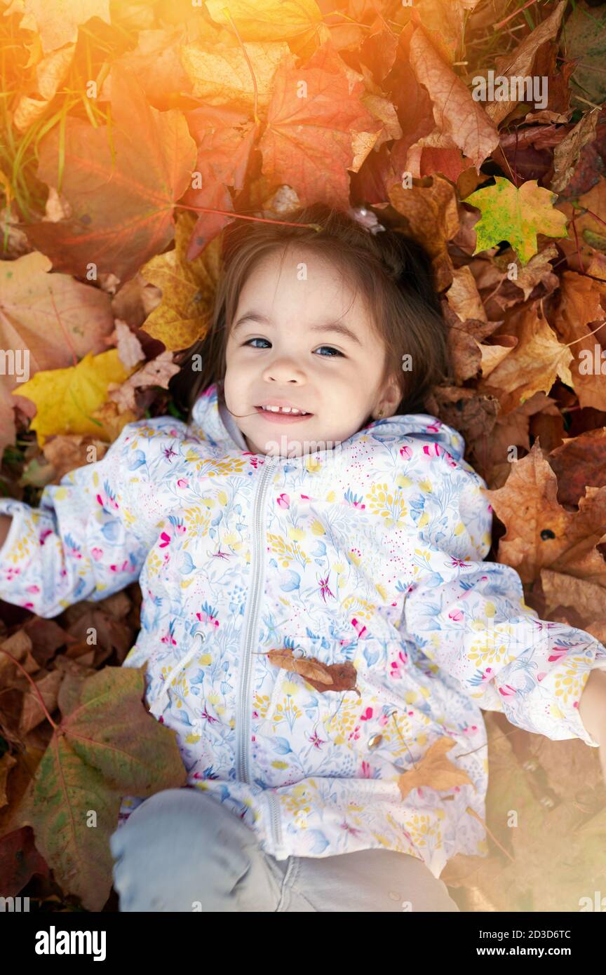 Kid lay on autumn yellow leaves above top view Stock Photo